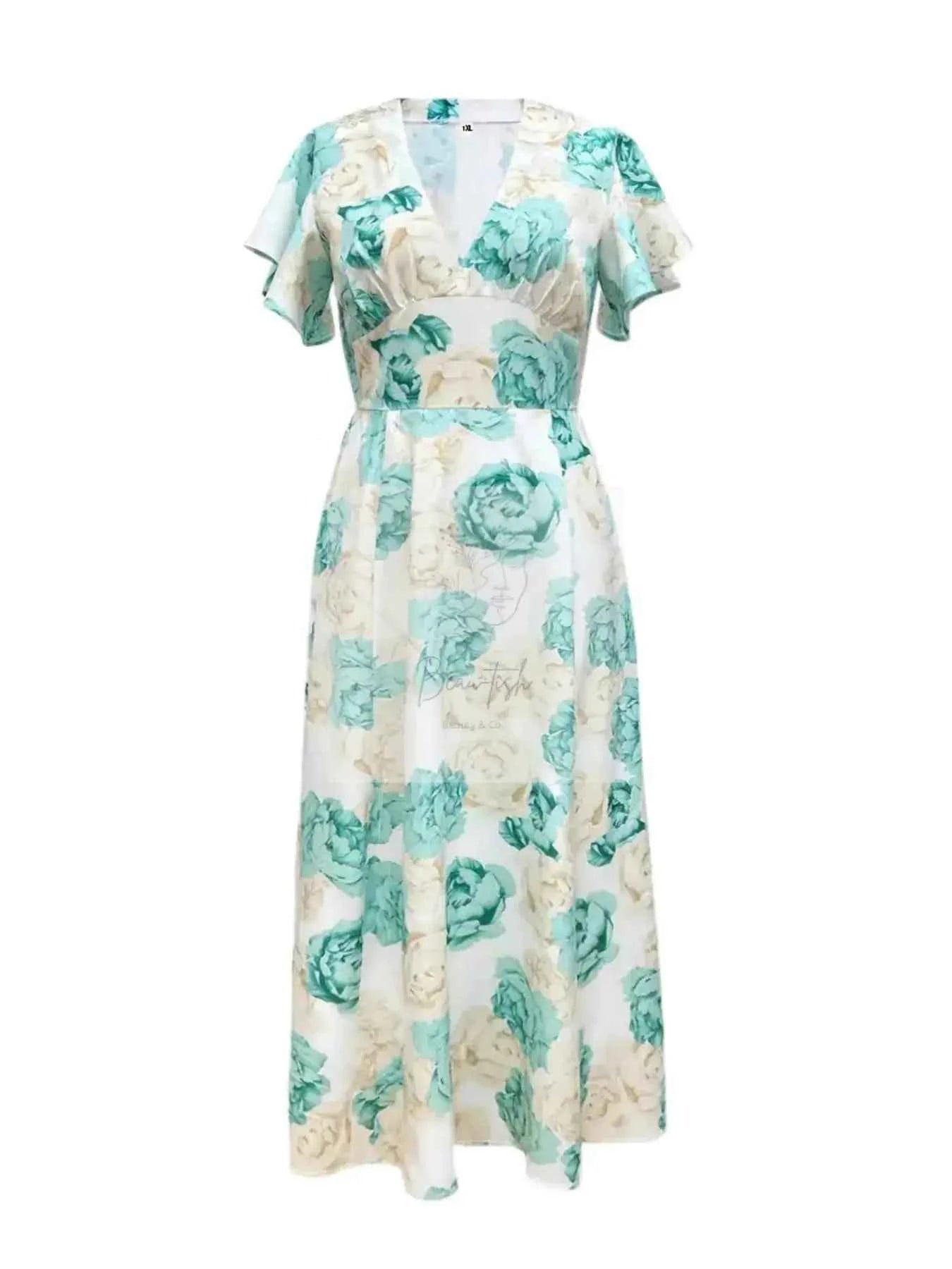 Plus Size Floral Print V - Neck Maxi Dress with Flutter Sleeves
