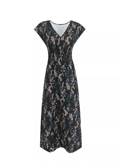 Plus Size Floral V-Neck Cap Sleeve Maxi Dress