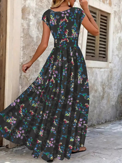 Plus Size Floral V-Neck Cap Sleeve Maxi Dress