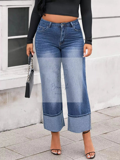 Plus Size High Waist Cuffed Wide Leg Jeans