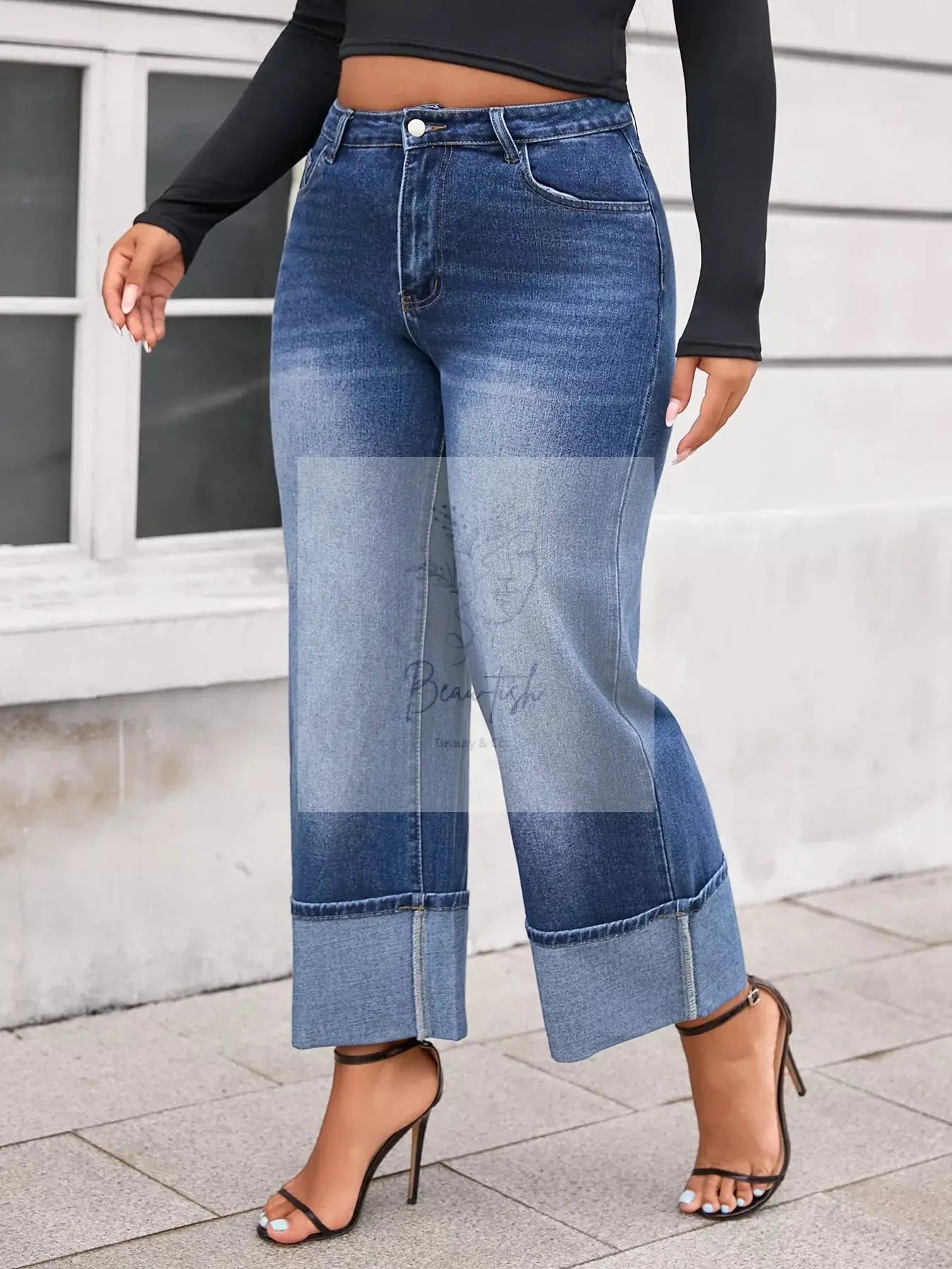 Plus Size High Waist Cuffed Wide Leg Jeans