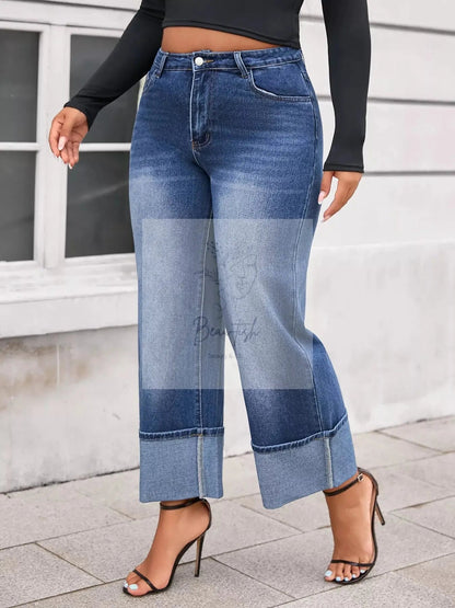 Plus Size High Waist Cuffed Wide Leg Jeans