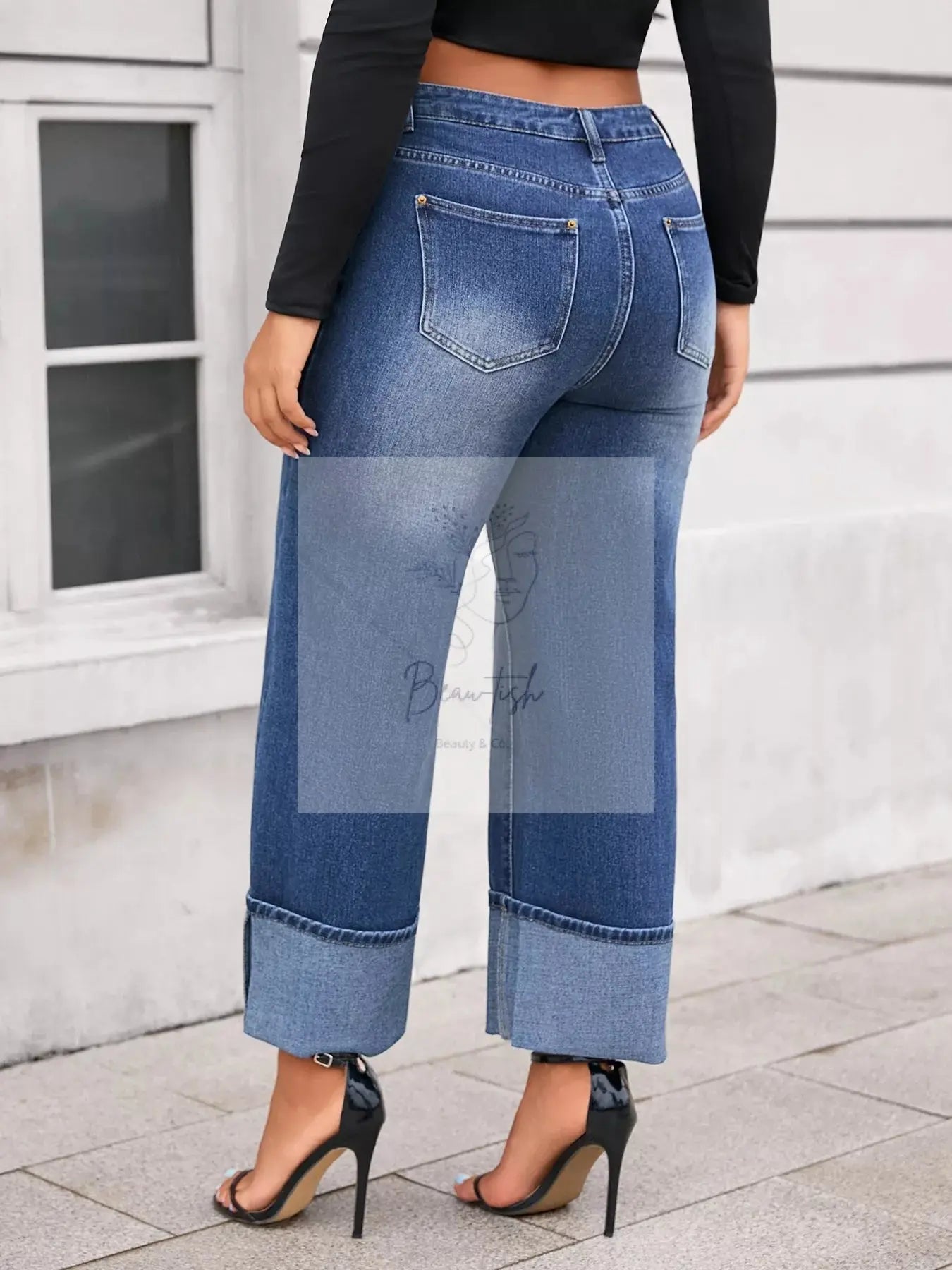 Plus Size High Waist Cuffed Wide Leg Jeans