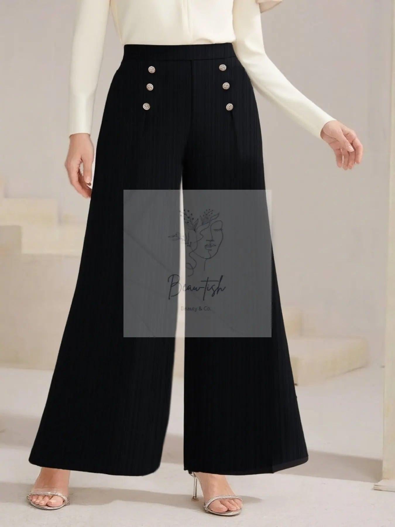 Plus Size High Waist Wide Leg Button Decor Pants