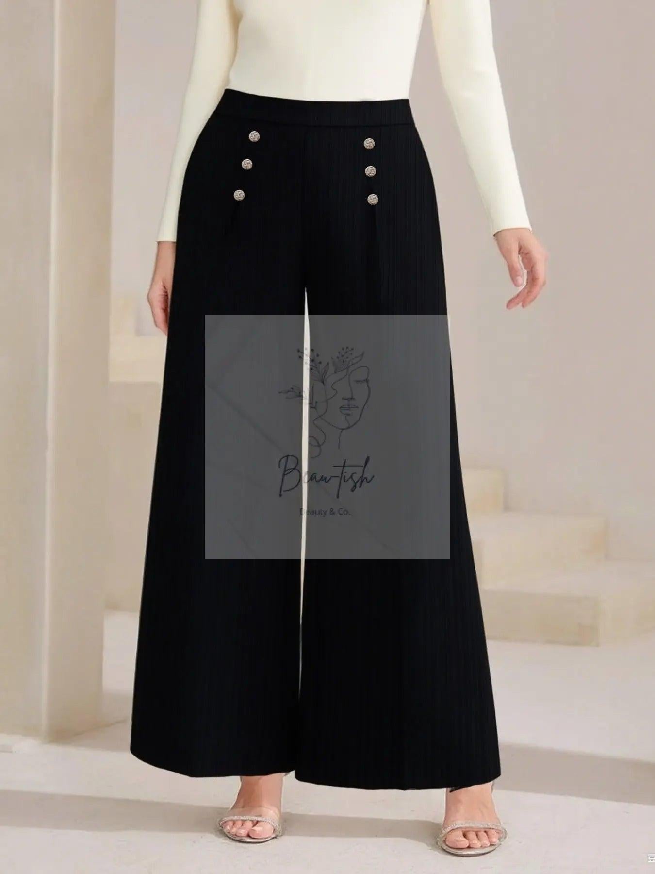 Plus Size High Waist Wide Leg Button Decor Pants