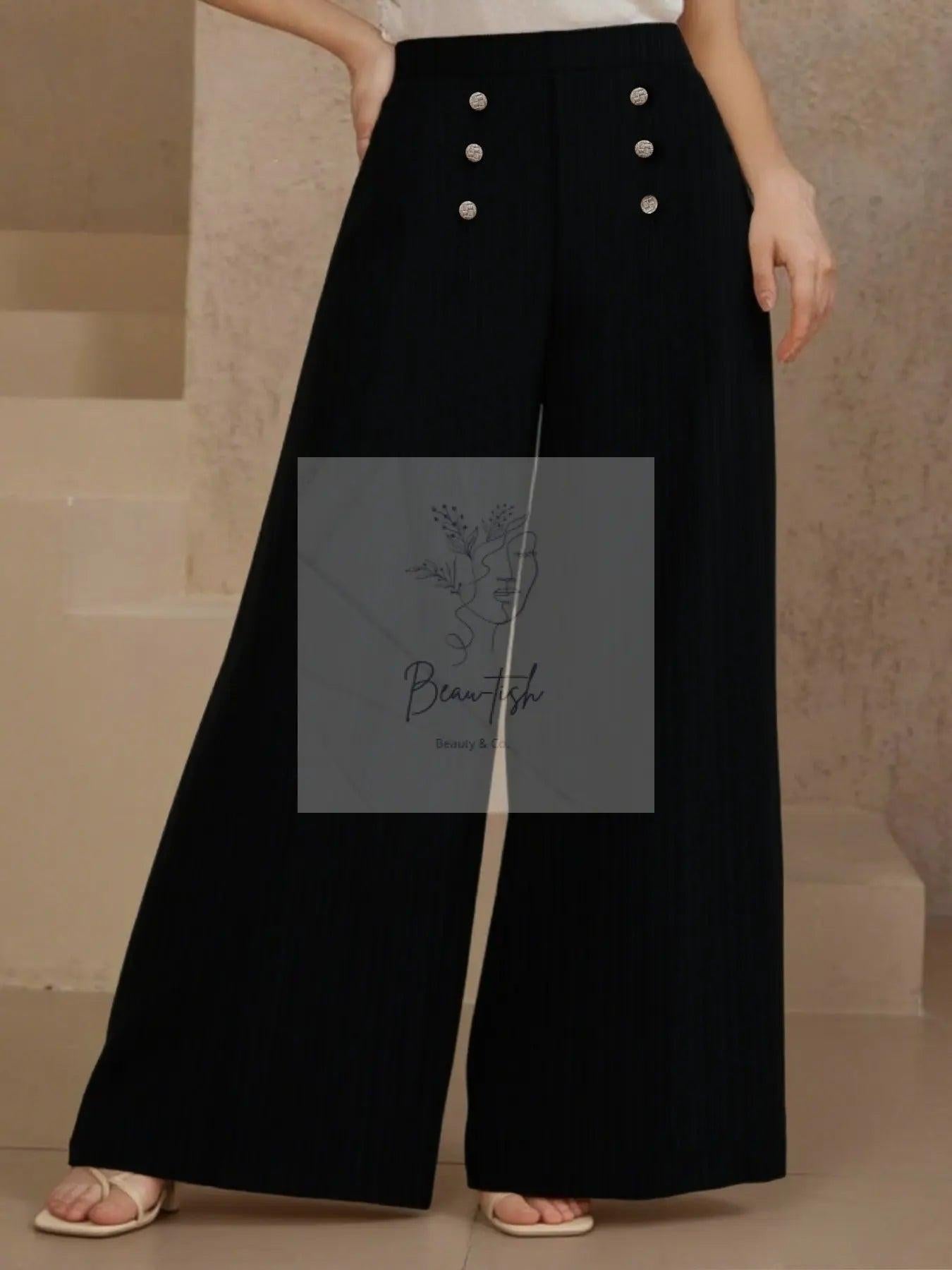 Plus Size High Waist Wide Leg Button Decor Pants