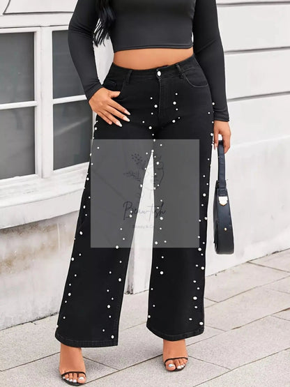 Plus Size Pearl Embellished Wide Leg Jeans