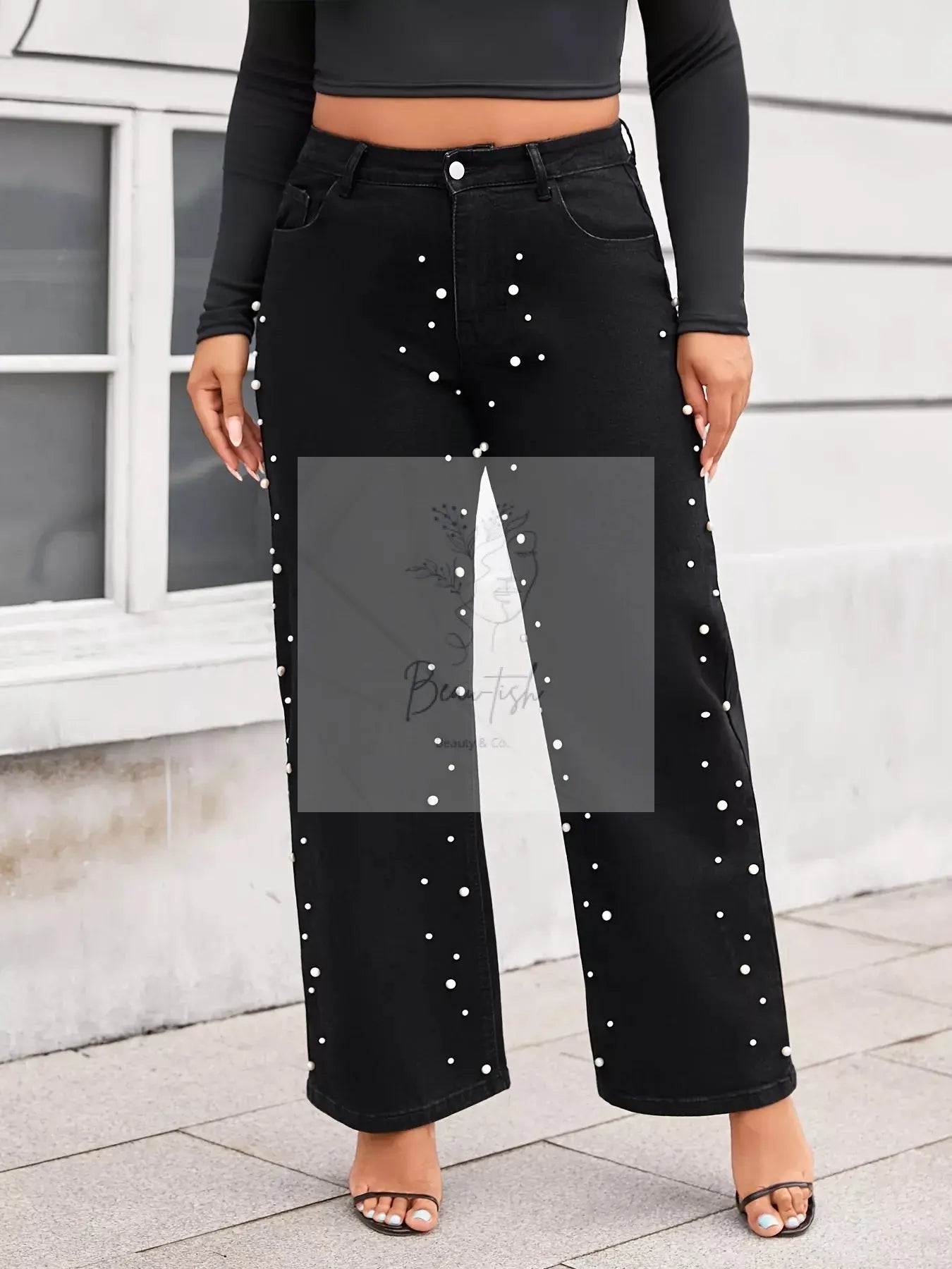 Plus Size Pearl Embellished Wide Leg Jeans