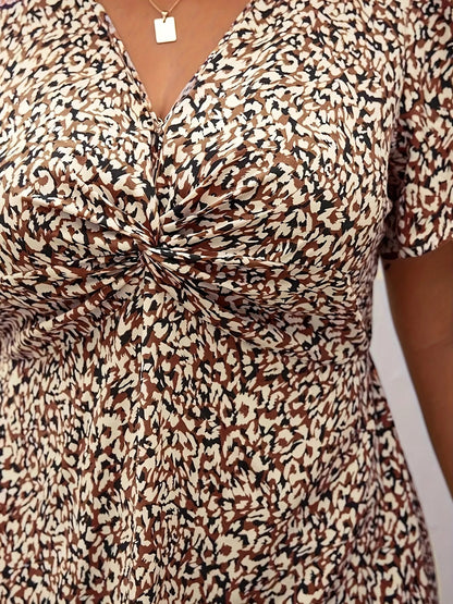 Plus Size Printed V-Neck Short Sleeve Midi Dress