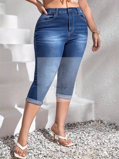 Plus Size Rolled Hem High Waist Denim Capri Jeans