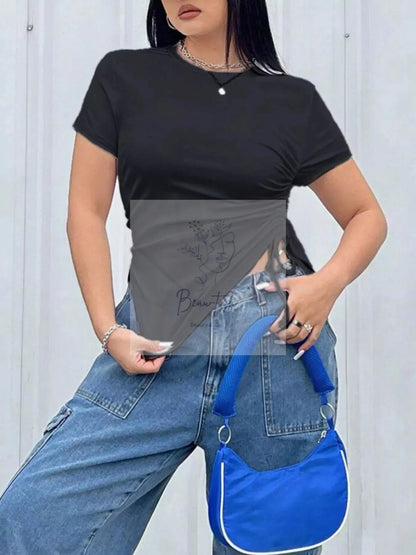 Plus Size Ruched Round Neck Short Sleeve T-Shirt
