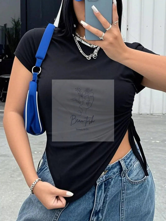 Plus Size Ruched Round Neck Short Sleeve T-Shirt