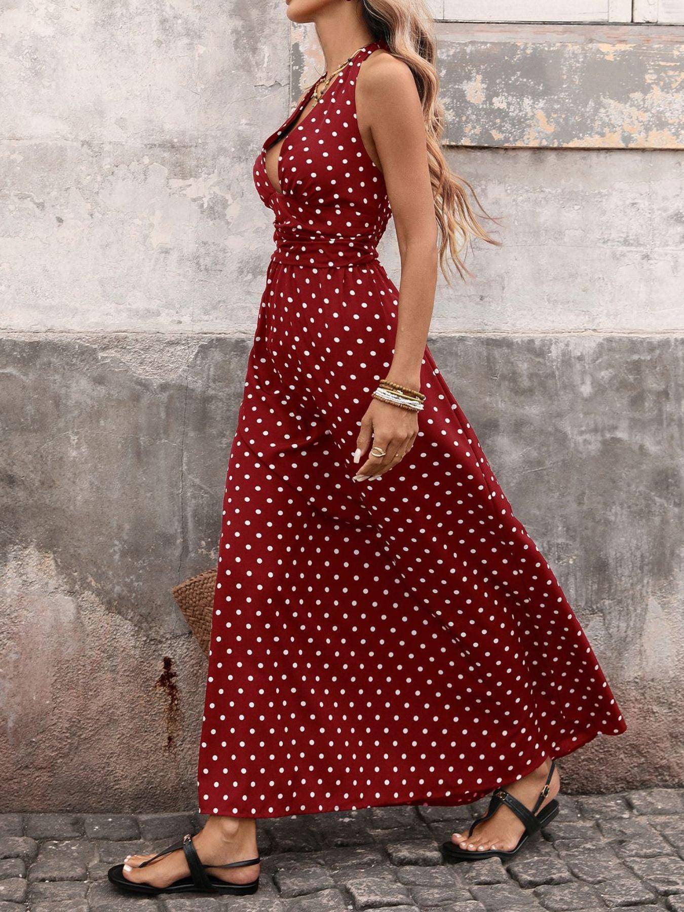 Polka Dot Halter Neck Maxi Dress