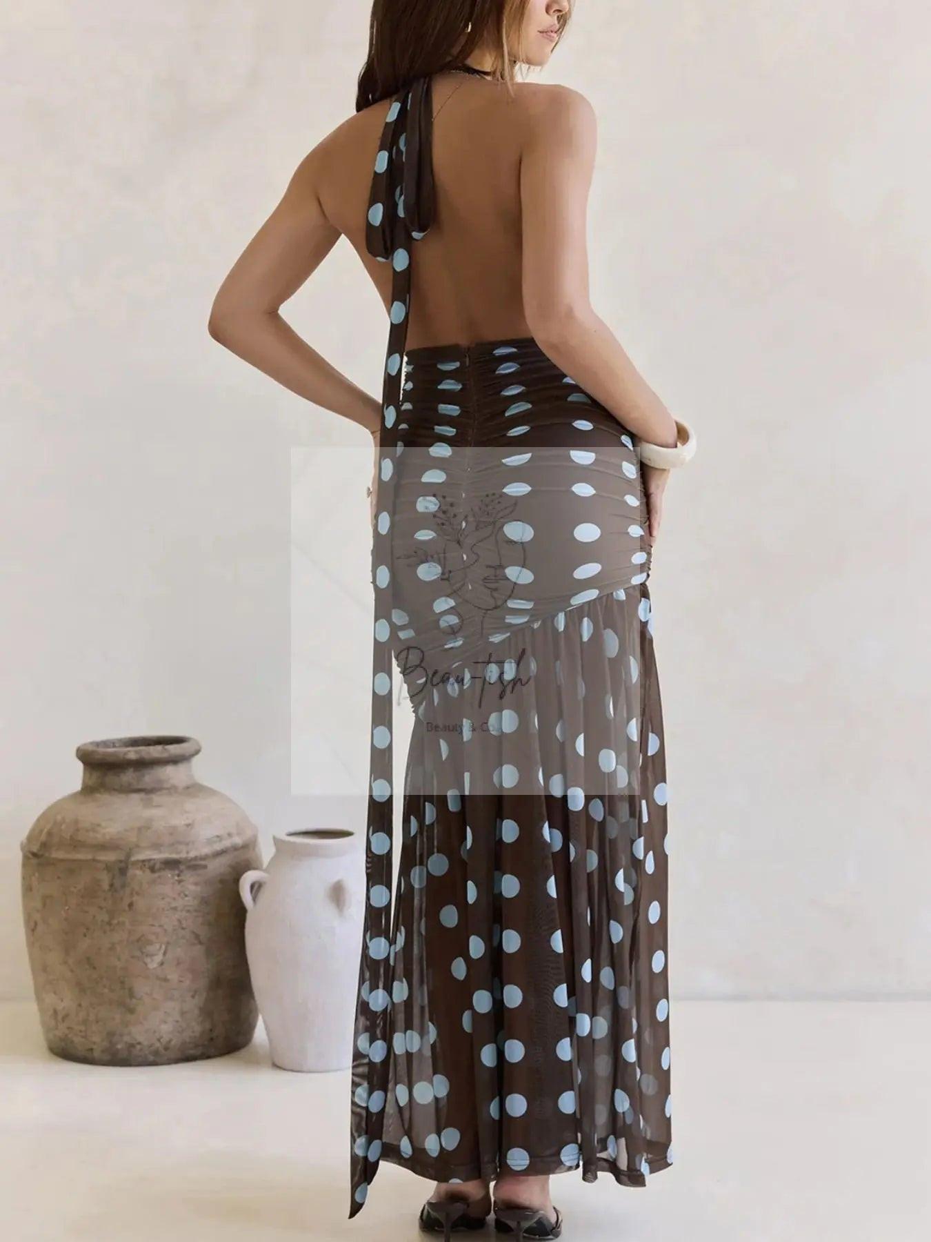 Polka Dot Halter Ruched Maxi Dress