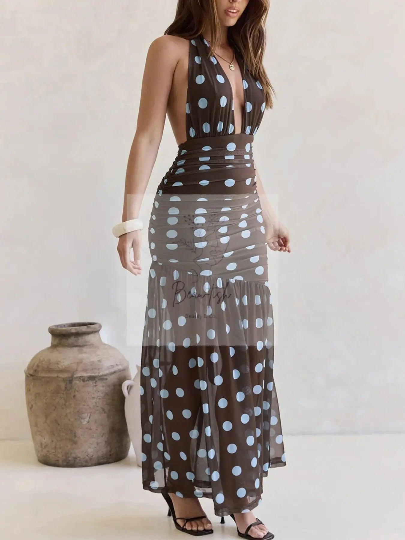 Polka Dot Halter Ruched Maxi Dress