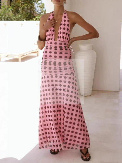 Polka Dot Halter Ruched Maxi Dress