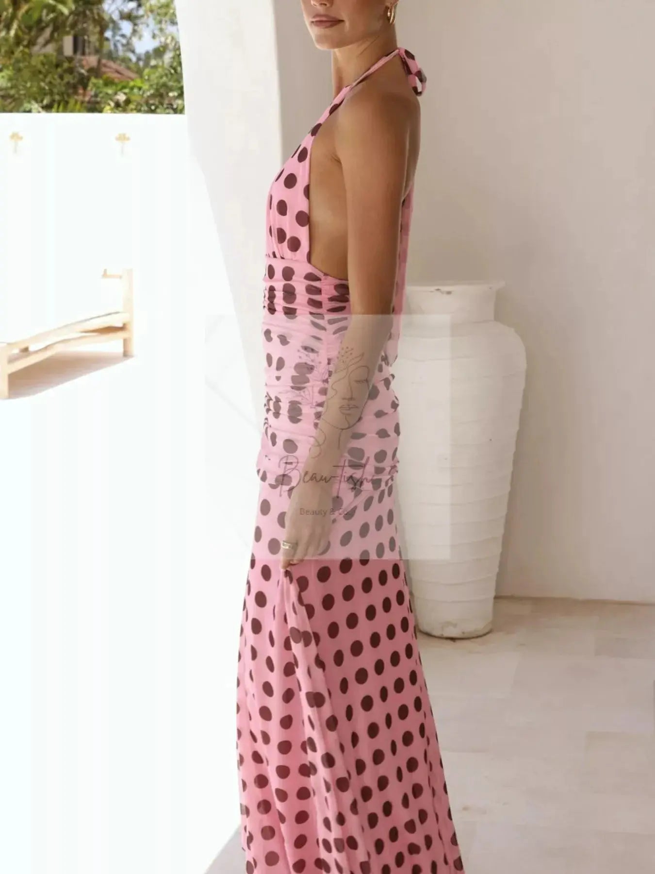 Polka Dot Halter Ruched Maxi Dress