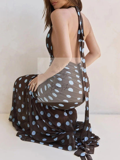 Polka Dot Halter Ruched Maxi Dress