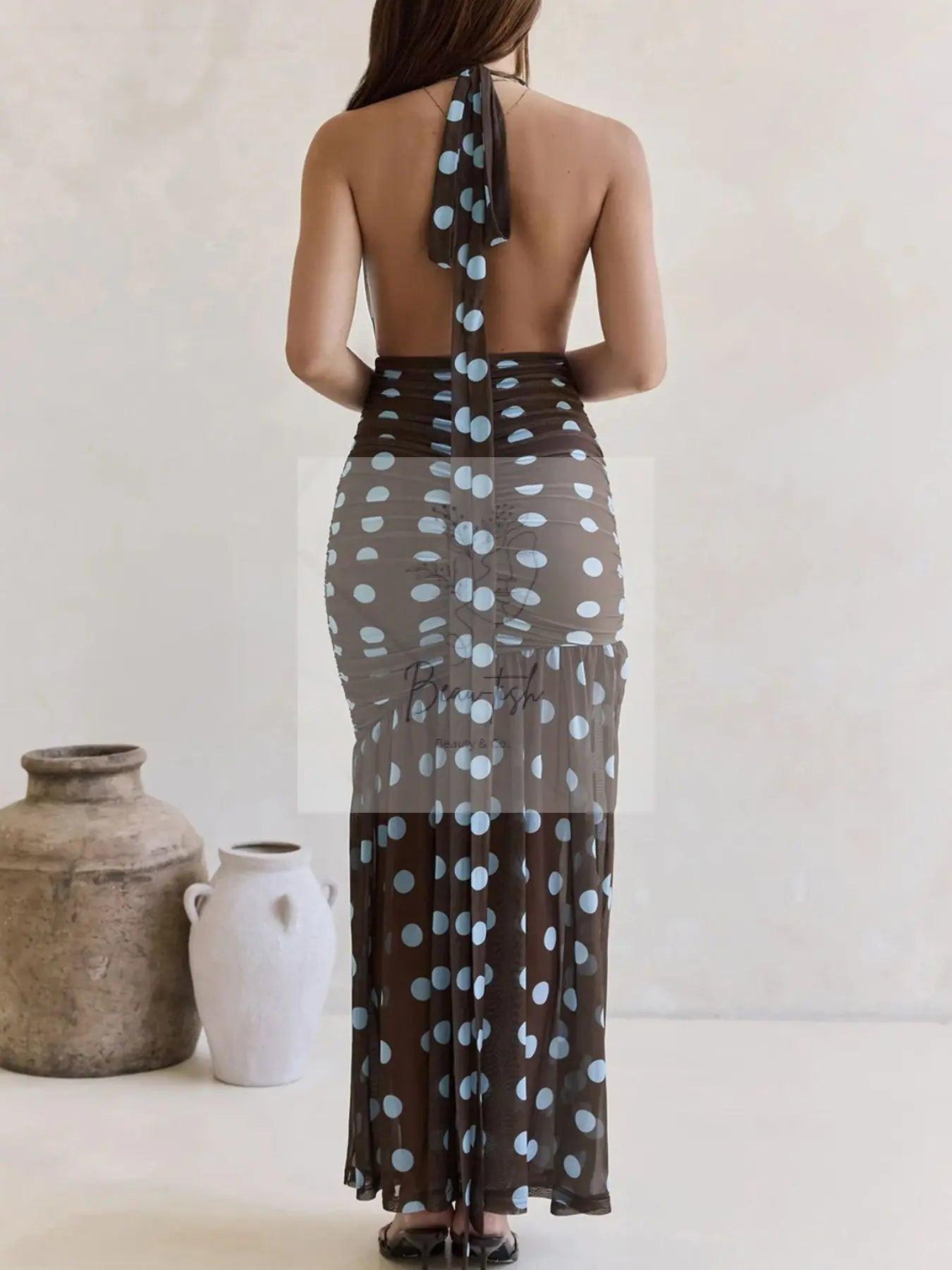 Polka Dot Halter Ruched Maxi Dress