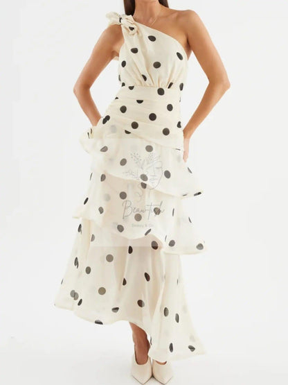 Polka Dot One-Shoulder Ruffle Dress