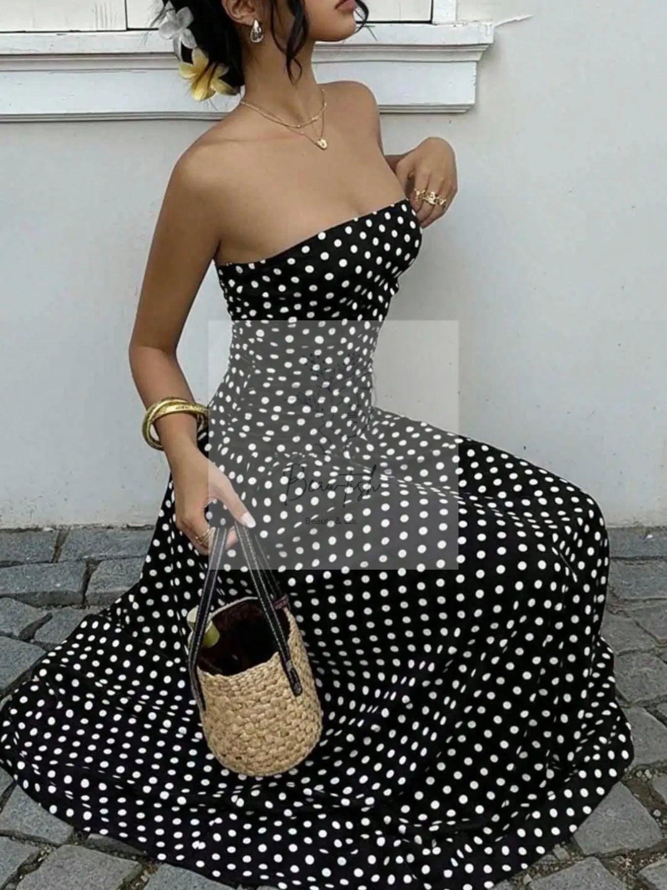 Polka Dot Ruched Strapless Maxi Dress