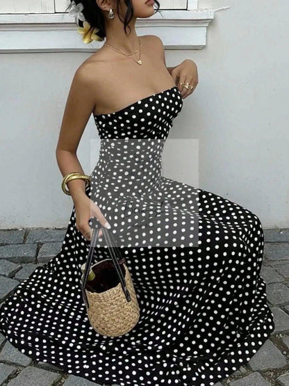 Polka Dot Ruched Strapless Maxi Dress