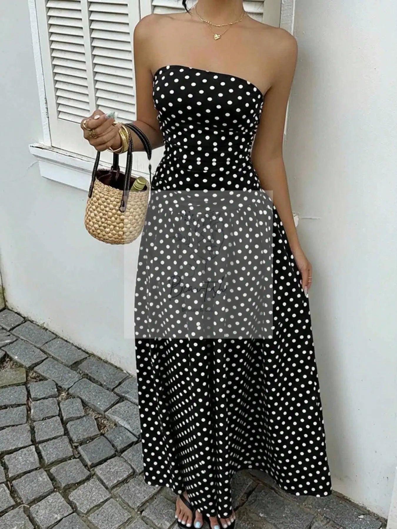 Polka Dot Ruched Strapless Maxi Dress