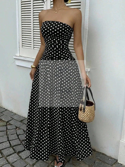 Polka Dot Ruched Strapless Maxi Dress