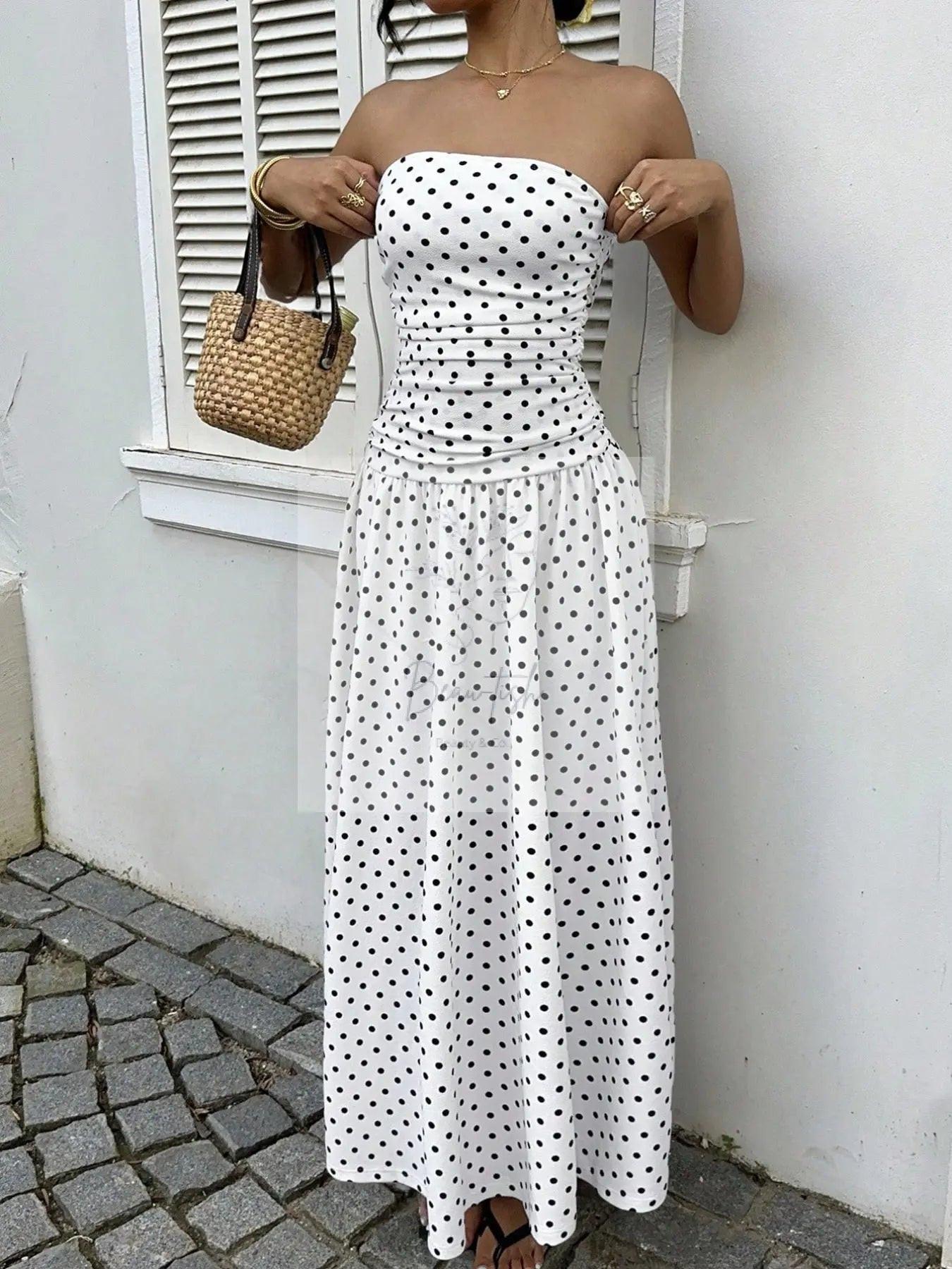 Polka Dot Ruched Strapless Maxi Dress