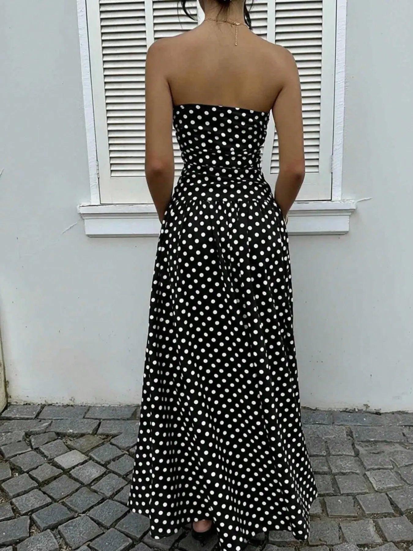 Polka Dot Ruched Strapless Maxi Dress