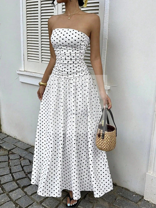Polka Dot Ruched Strapless Maxi Dress