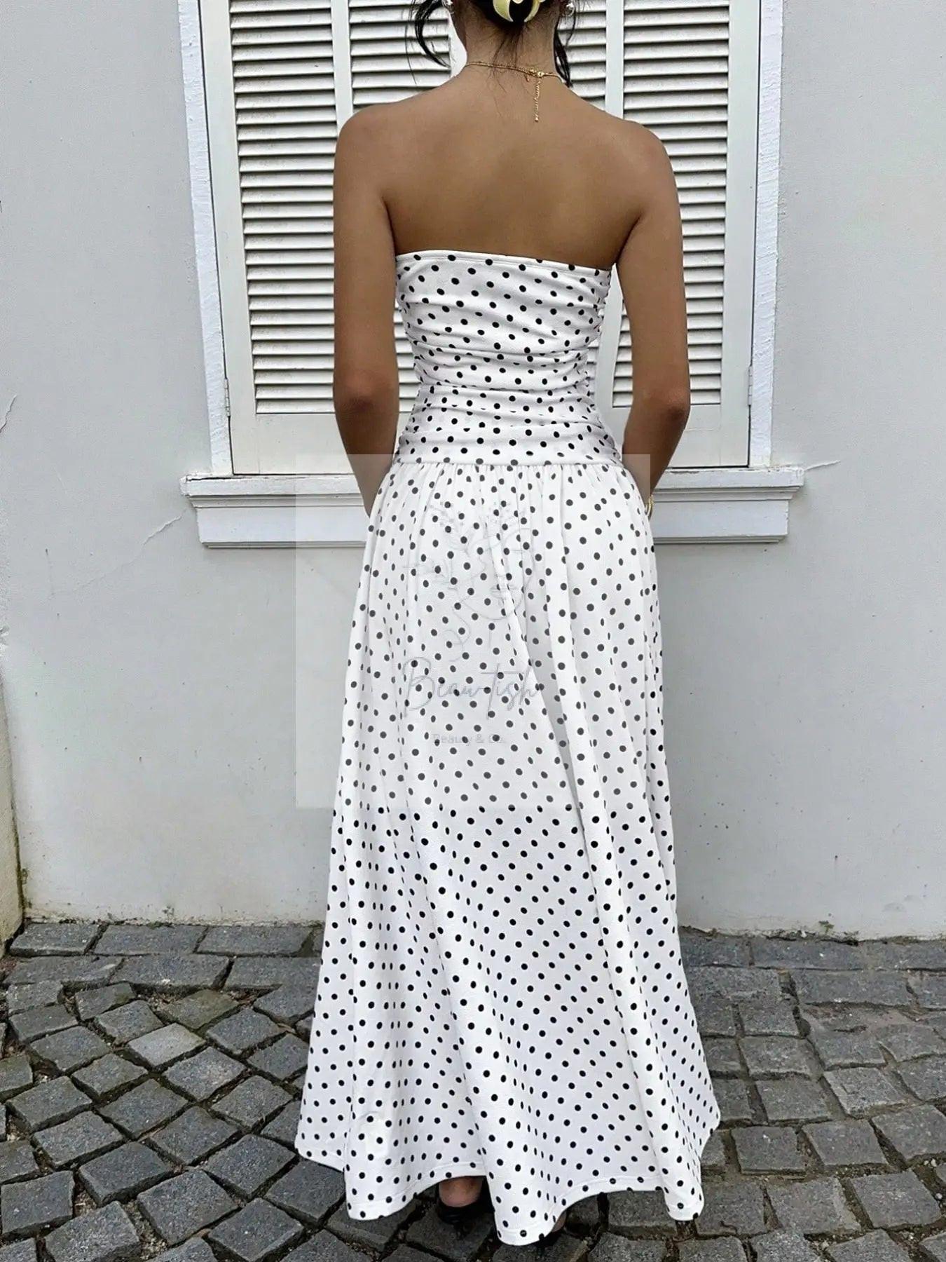 Polka Dot Ruched Strapless Maxi Dress