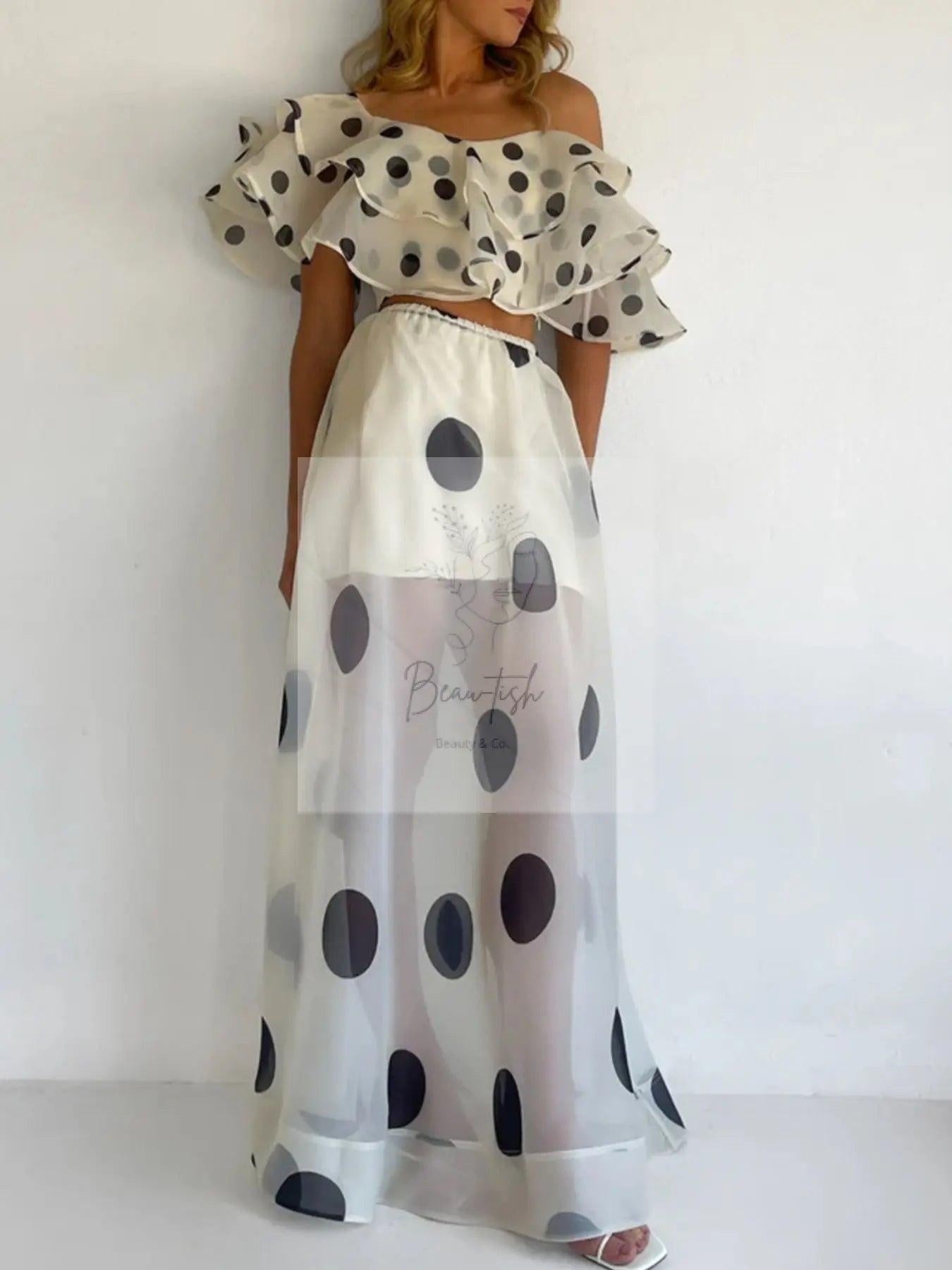 Polka Dot Ruffle Crop Top and Maxi Skirt Set