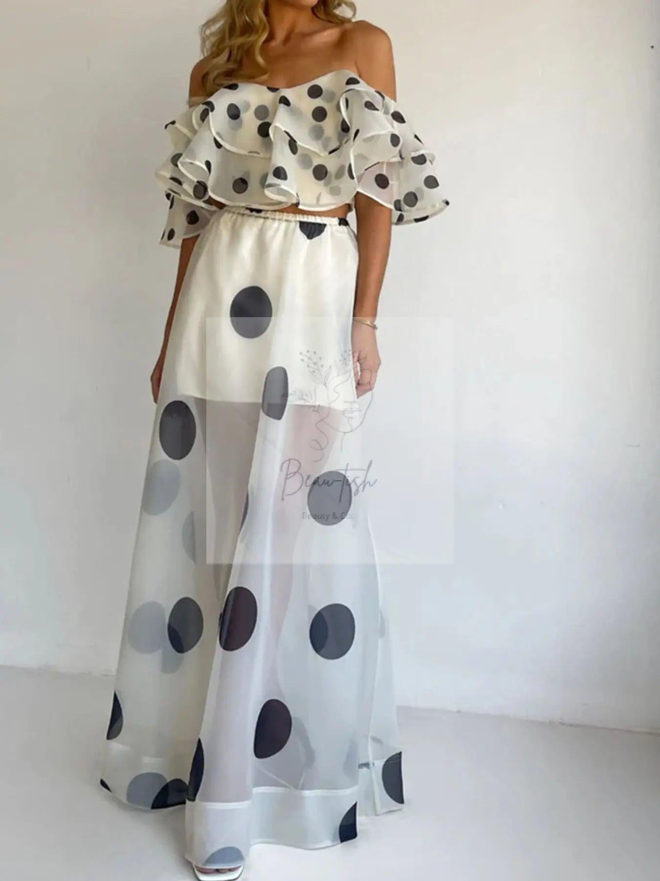 Polka Dot Ruffle Crop Top and Maxi Skirt Set