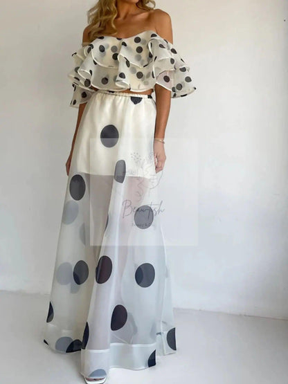 Polka Dot Ruffle Crop Top and Maxi Skirt Set