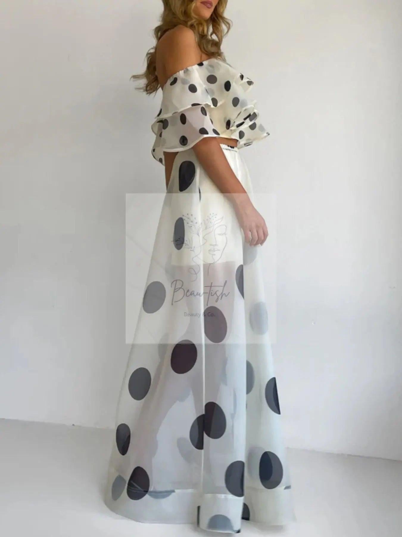 Polka Dot Ruffle Crop Top and Maxi Skirt Set