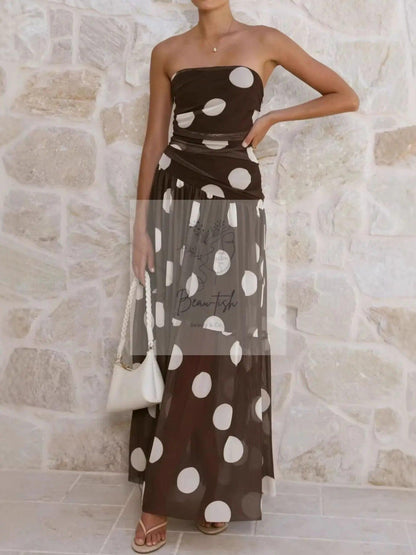 Polka Dot Strapless Ruched Maxi Dress