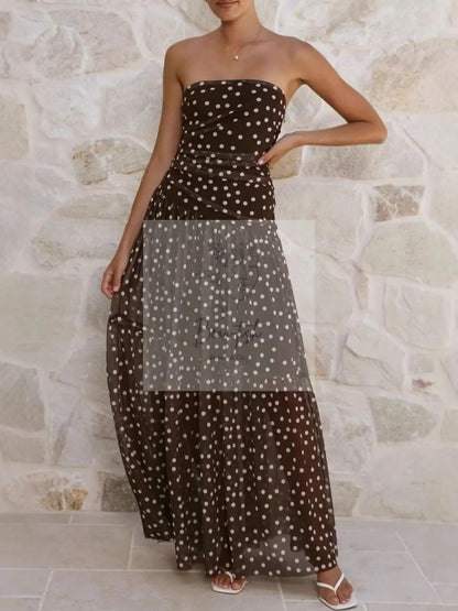 Polka Dot Strapless Ruched Maxi Dress