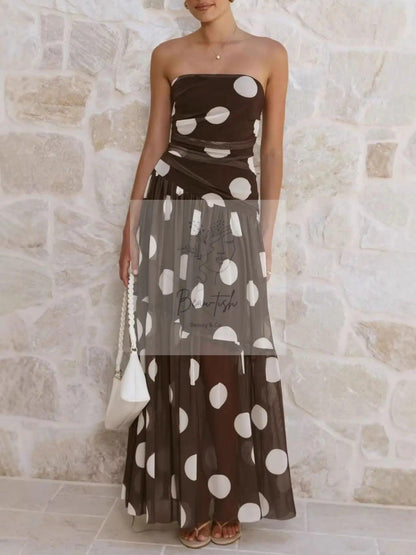 Polka Dot Strapless Ruched Maxi Dress