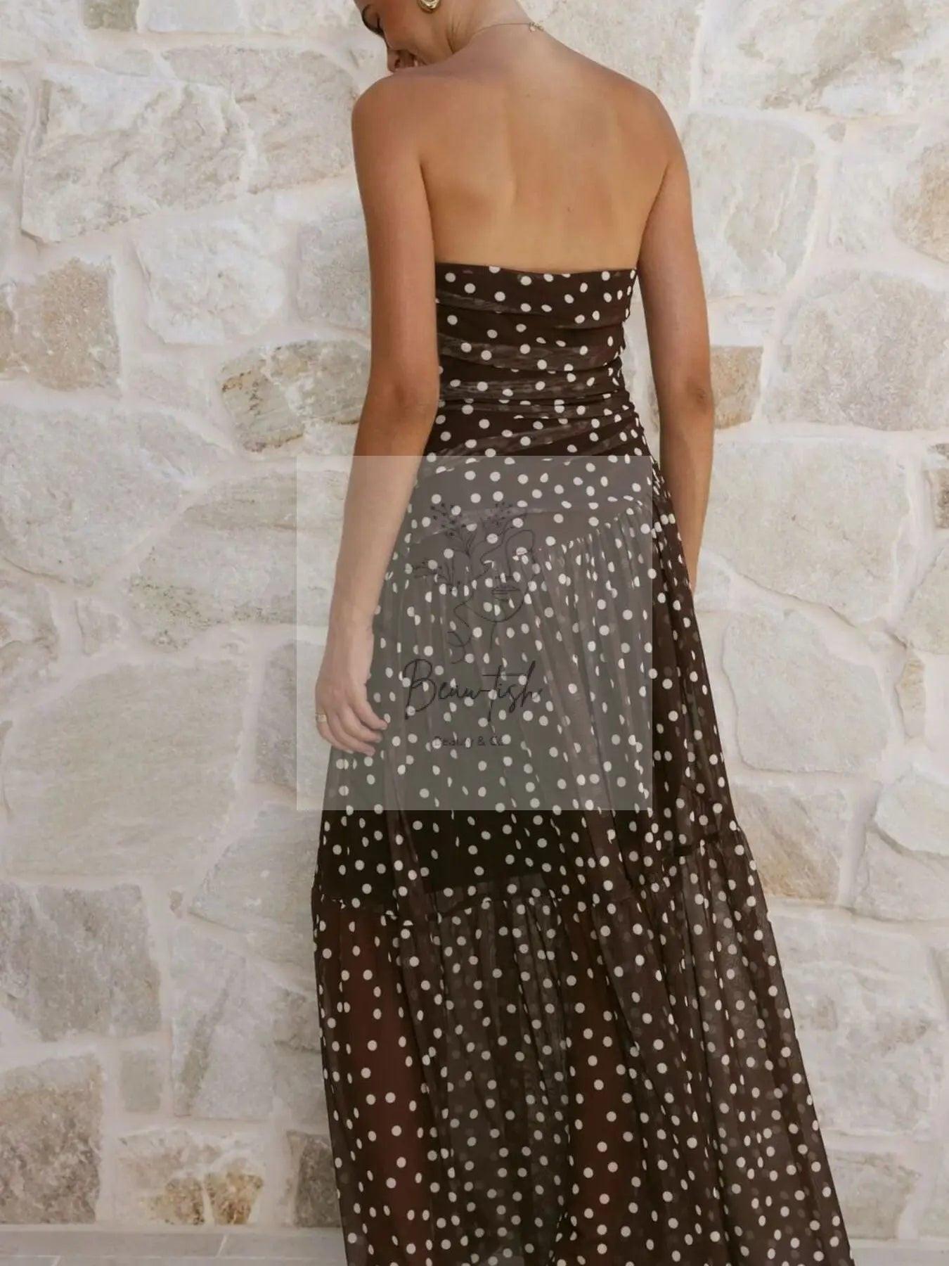 Polka Dot Strapless Ruched Maxi Dress