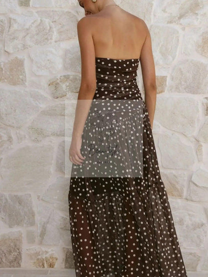 Polka Dot Strapless Ruched Maxi Dress
