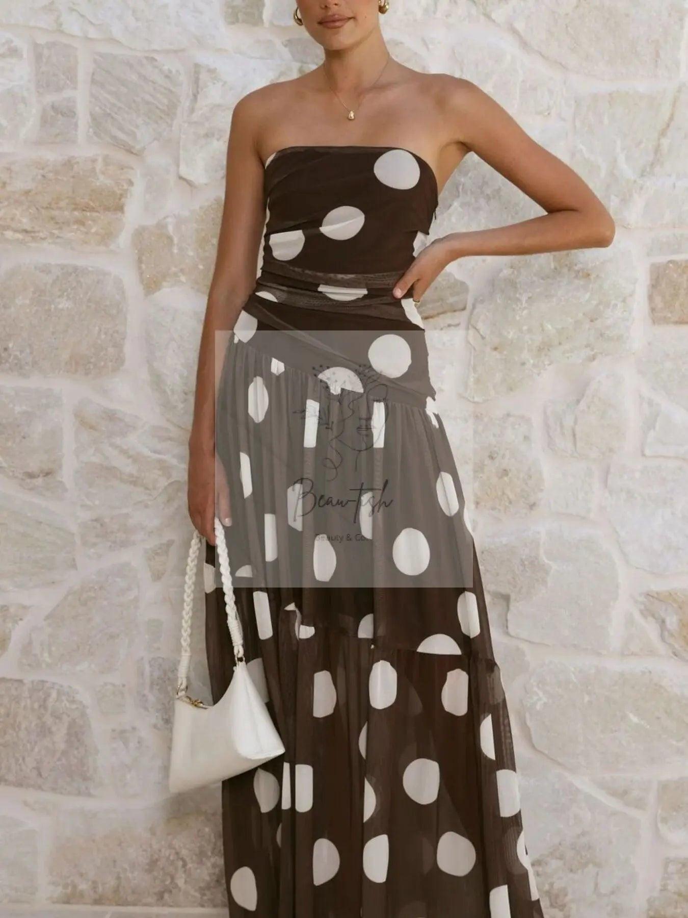Polka Dot Strapless Ruched Maxi Dress