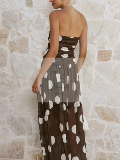 Polka Dot Strapless Ruched Maxi Dress