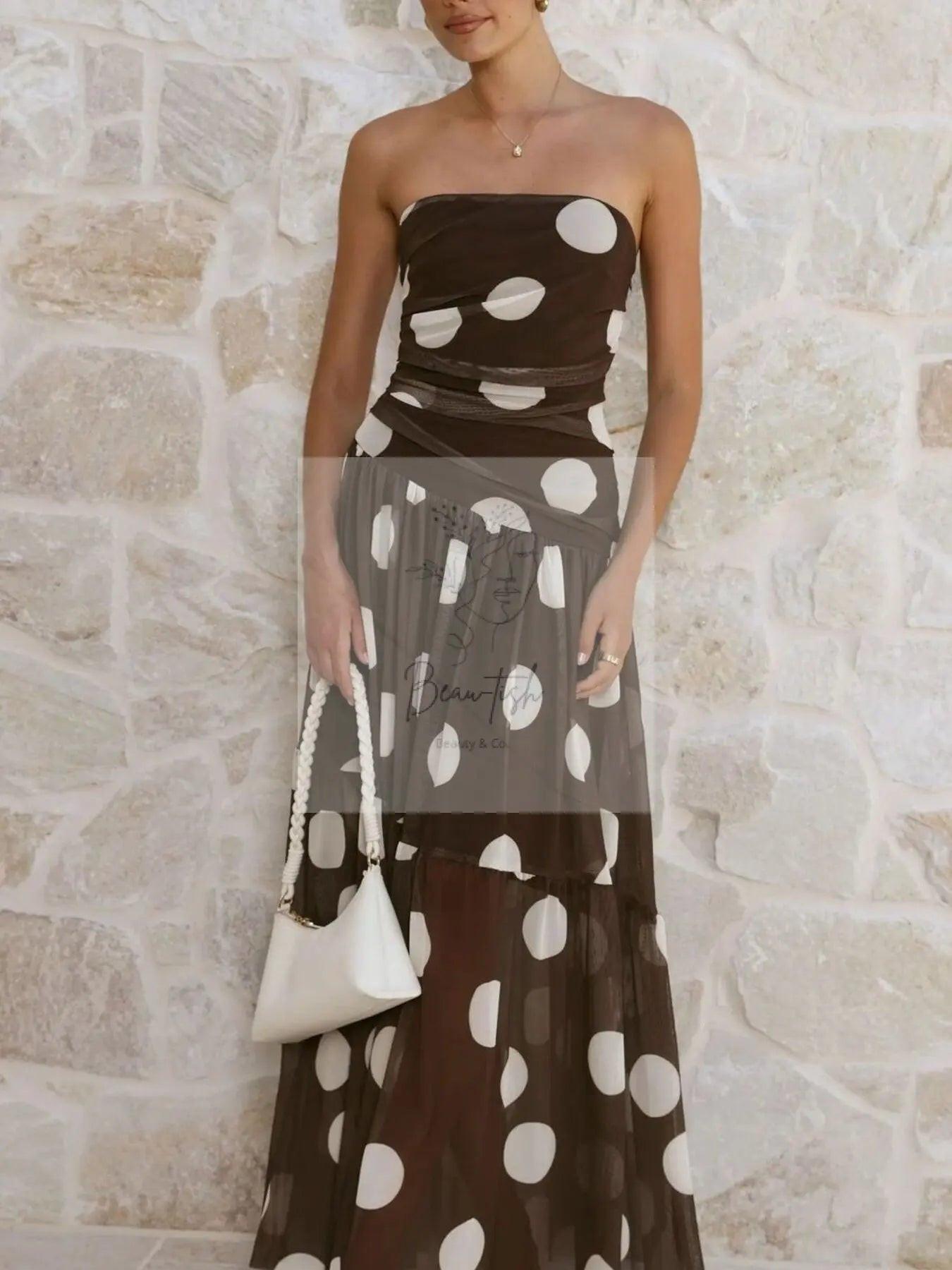 Polka Dot Strapless Ruched Maxi Dress
