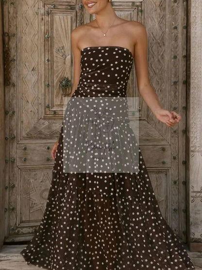 Polka Dot Strapless Ruched Maxi Dress