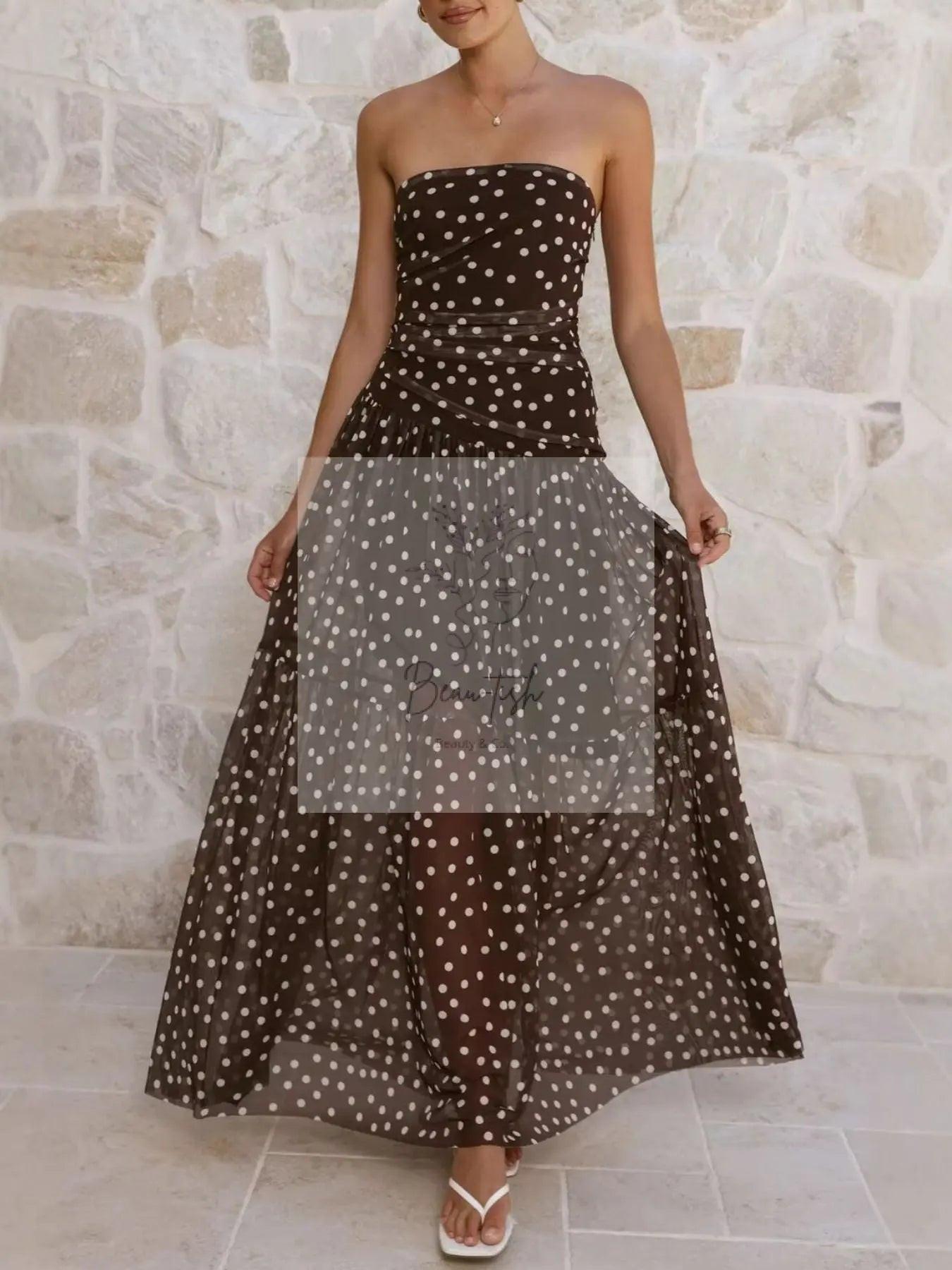 Polka Dot Strapless Ruched Maxi Dress