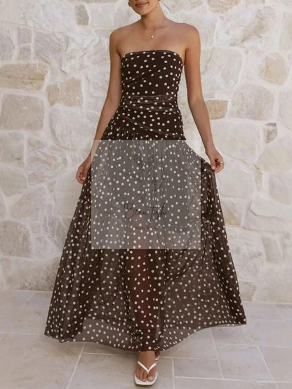Polka Dot Strapless Ruched Maxi Dress