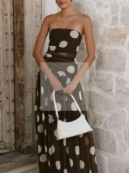 Polka Dot Strapless Ruched Maxi Dress