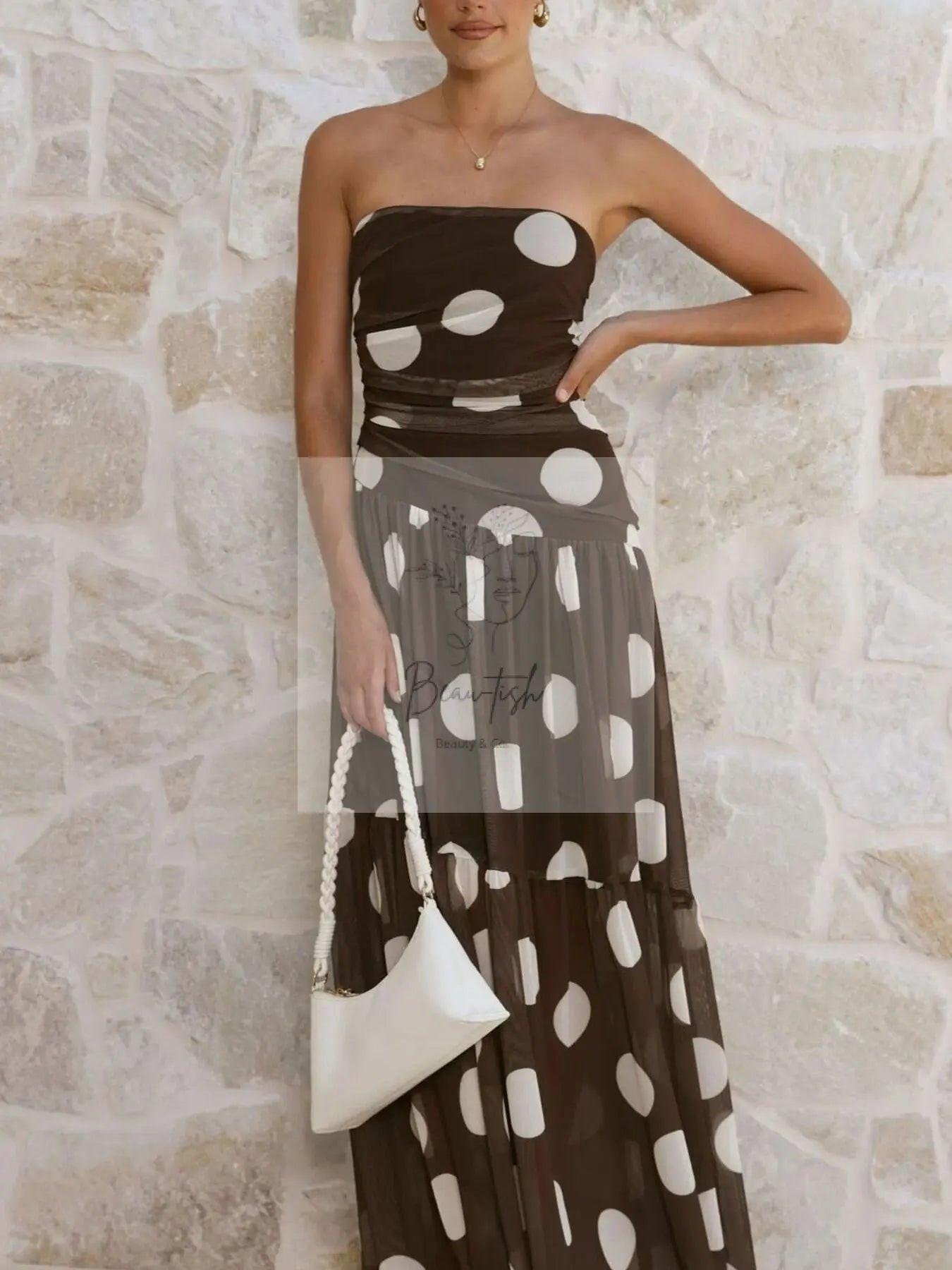 Polka Dot Strapless Ruched Maxi Dress