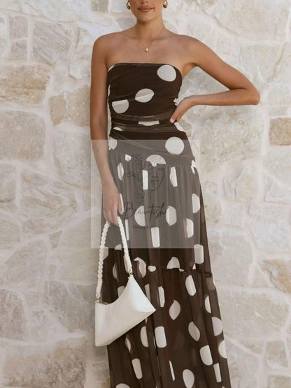 Polka Dot Strapless Ruched Maxi Dress